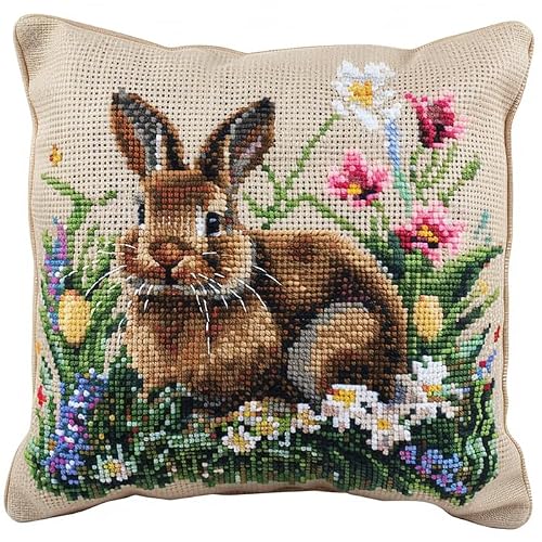 AxiangziK Animal Stamped Cross-Stitch Cushion Kit,Flower Bunny,Printed Tapestry Canvas,11CT Cross Stitch Kit for Creative Home Décor,Needlework Kit for Adult Beginners,45x45cm