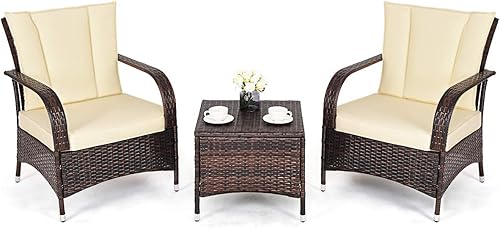 Tangkula - Juego de muebles de jardín de 3 piezas, 2 sillas de mimbre con mesa de centro con cubierta de cristal, para el jardín, al aire libre,