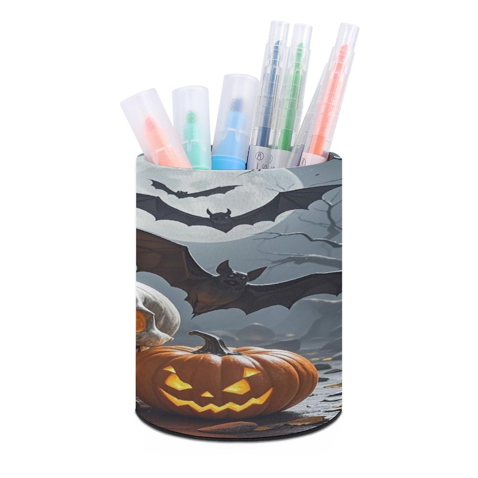 VstaDank Pumpkin Lantern Ghost Pen Holder Round Pencil Holder Cup Pen Container PU Leather Desk Organizer Stand Decor Brush Scissor Holders Decoration Office Desk Home (3.1 X 3.9 Inches)