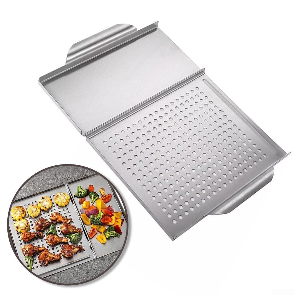 Zeroupshop Edelstahl 2-in-1 BBQ Grillschale 30,7 x 45 cm mit perforiertem Design für gleichmäßiges Garen, ideal zum Grillen von Fleisch, Gemüse, Fisch, Shish Kabobs, Camping, Hinterhofgrill und