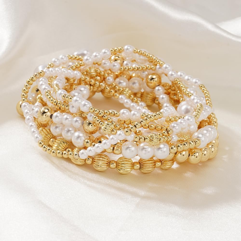 14K Gold Plated Beaded Pearl Stack Bracelets Sets for Women,Stackable Trendy Waterproof Ball Link Fashion Accessories Jewelry Gifts - Image 3