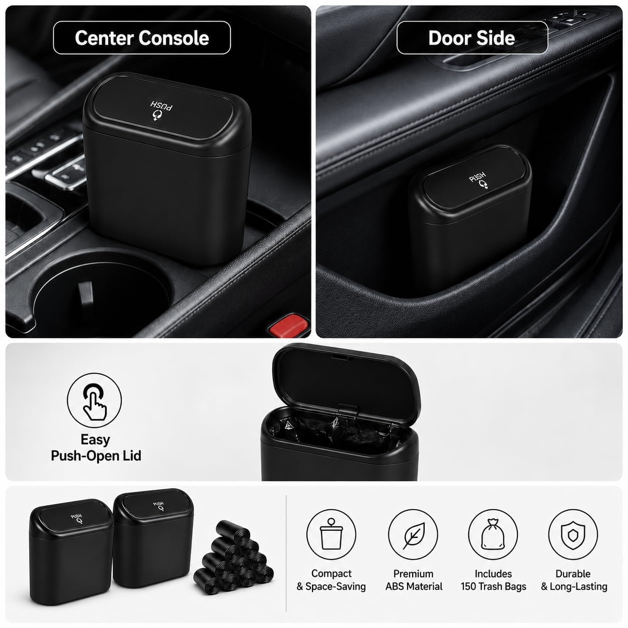 Lot de 2 mini poubelles de voiture avec couvercle, 1,4 L, avec 150 sacs poubelle inclus, pour l'avant, l'arrière et le bureau