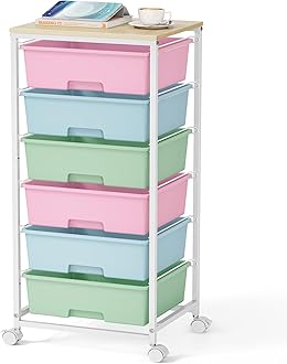 Rolling Storage Cart with Drawers,Utility Cart with 6 Large Drawers and Wooden Tabletop,Craft Storage Cart with Lockable Wheels for Bedroom, Office, Classroom, Kids'Room, Living Room (Rainbow)
