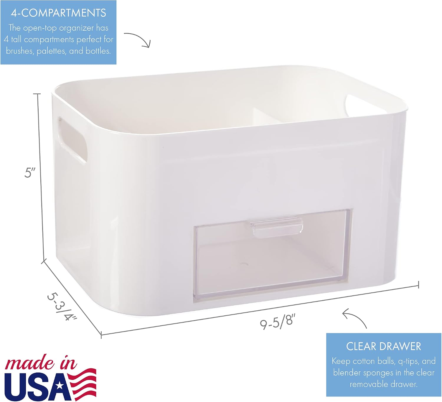STORi Bliss 4-Compartment Plastic Vanity Organizer with Small Accessory Drawer in Cloud White | Rectangular Makeup, Skincare, & Cosmetic Storage Bin with Pass-Through Handles | Made in USA