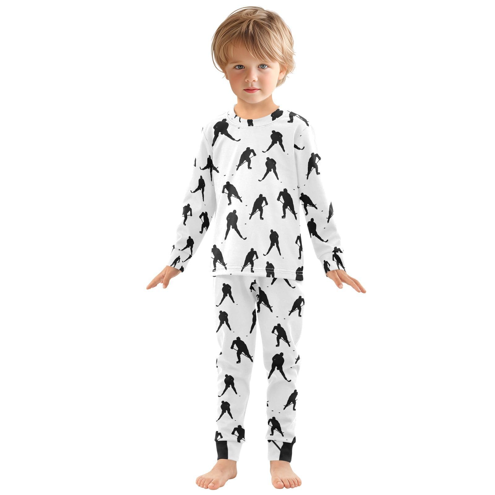 Mnsruu Kinder-Nachtwäsche mit Eishockey-Spielern, langärmeliges Oberteil und Hose, bequeme Baumwolle, Pyjama für Jungen und Mädchen, Unisex, Loungewear, 18 m
