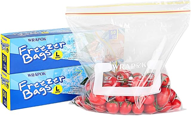 WRAPOK Ziplock Freezer Bags Large Reusable Food Plastic Seal Bag Soup Storage Zip Lock Bag, 10.5 x 11 Inch - 100 Count