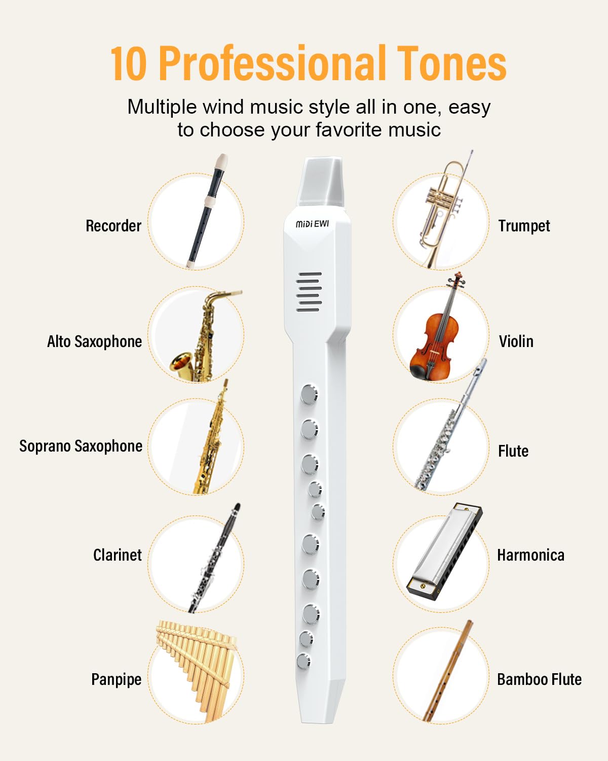 Digitales Blasinstrument Weiß MIDI-Bluetooth Elektronisches Blasinstrument Abnehmbare Düse Stromkabel 10 Instrumententöne