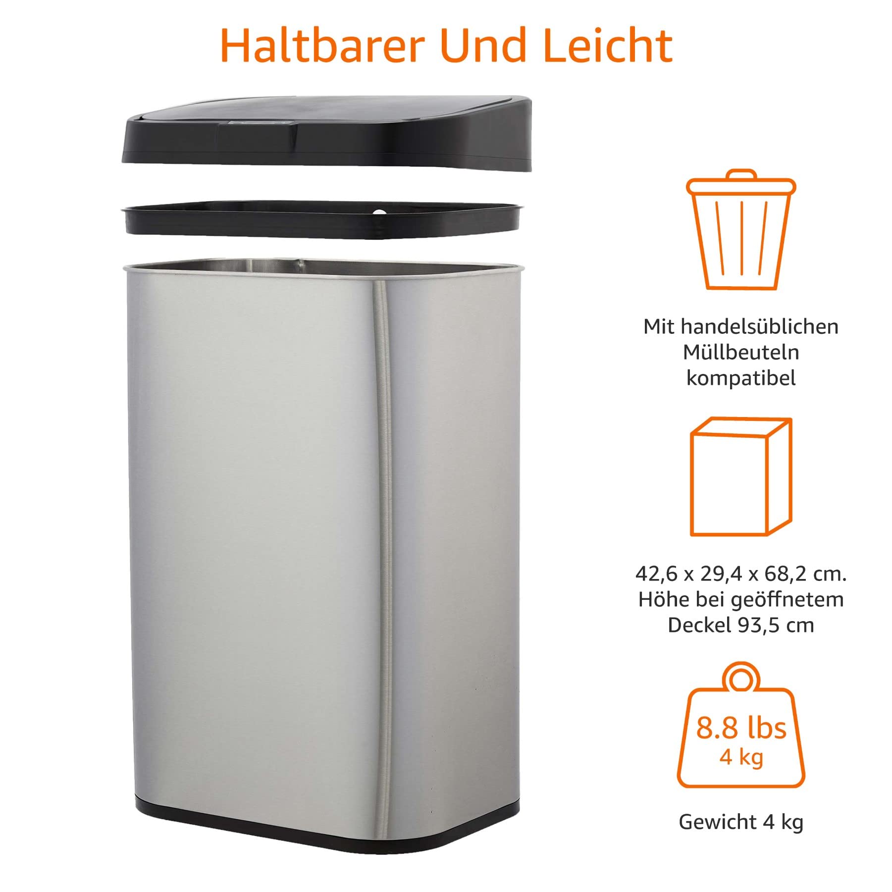 Amazon Basics 60-L-Mülleimer aus Edelstahl mit Berührungslosem Bewegungssensor, Rechteckig, Silberfarben/Schwarz