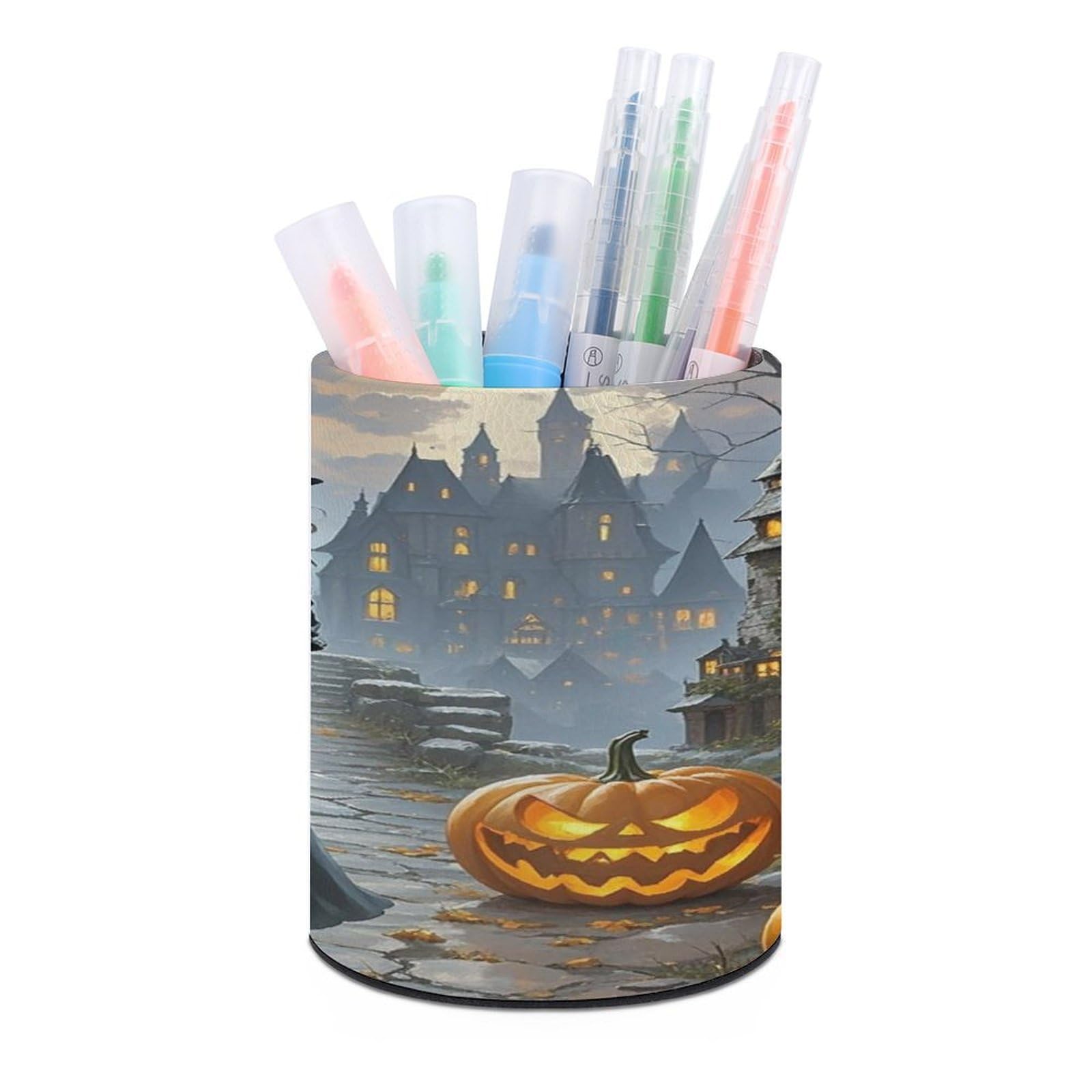 VstaDank Witches Pen Holder Round Pencil Holder Cup Pen Container PU Leather Desk Organizer Stand Decorative Brush Scissor Holder Decoration Office Desk Home (3.1 x 3.9 inch)