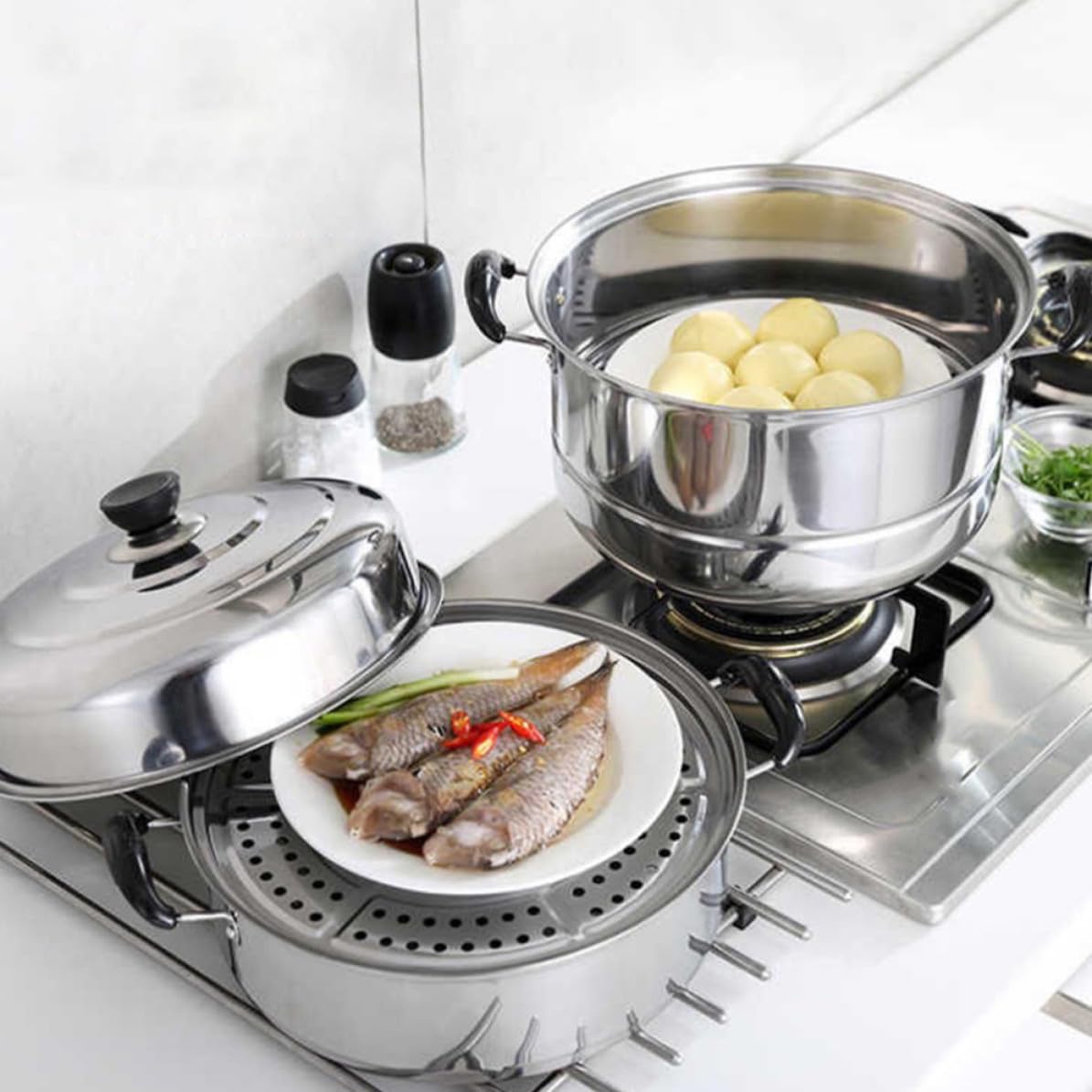 Acero Inoxidable Olla de Vapor de 3 Niveles para Cocina Casera