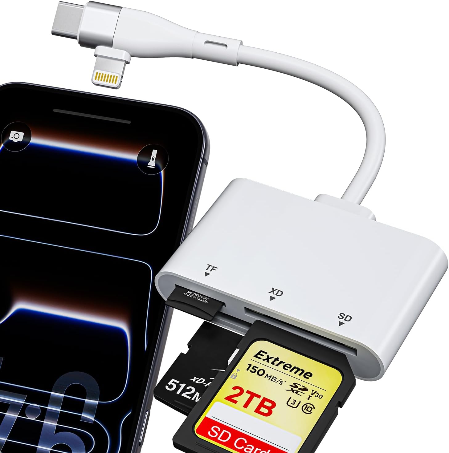 XD Card Reader for SD/TF/XD Cards, Lightning/USB-C SD Card Reader for iPhone 17/16/15/14/iPad/MacBook/Android/PC, Olympus xD Card Reader with exFAT Support, Plug&Play Camera Viewer