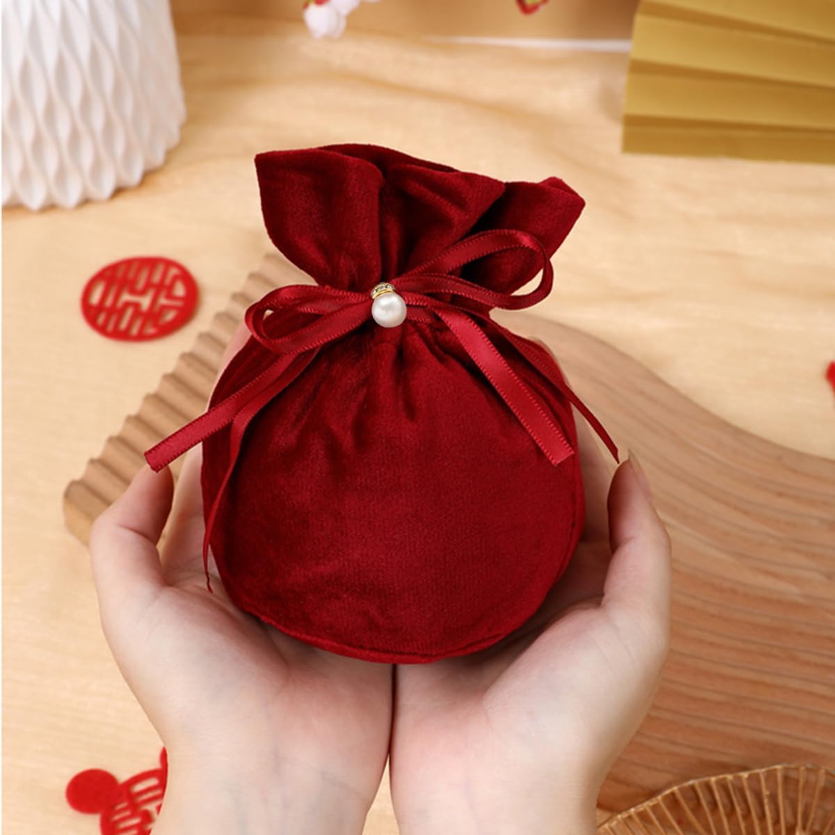 20 Pcs Round Bottom Drawstring Velvet Gift Bags Jewelry Pouches with Pearl Bead,for Wedding Favors,Christmas,Party Favors,Birthday,Red wine - Image 5