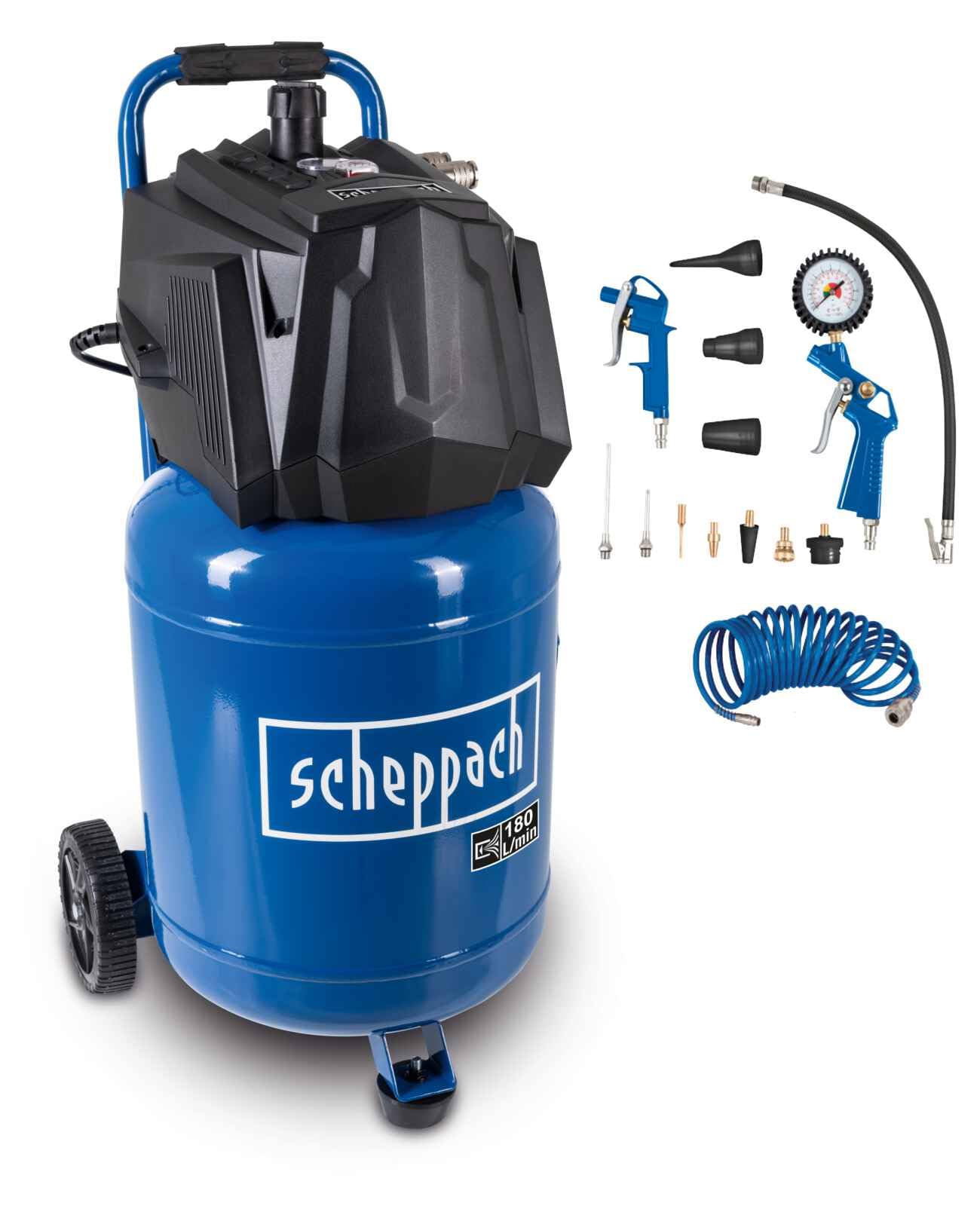 Scheppach Compresseur d'Air HC35V – 1500 W – Compresseur Vertical – 10 Bar – Cuve 30 L – 180 L/min – Sans Huile – Manomètre et Régulateur de Pression avec 13 Accessoires Inclus