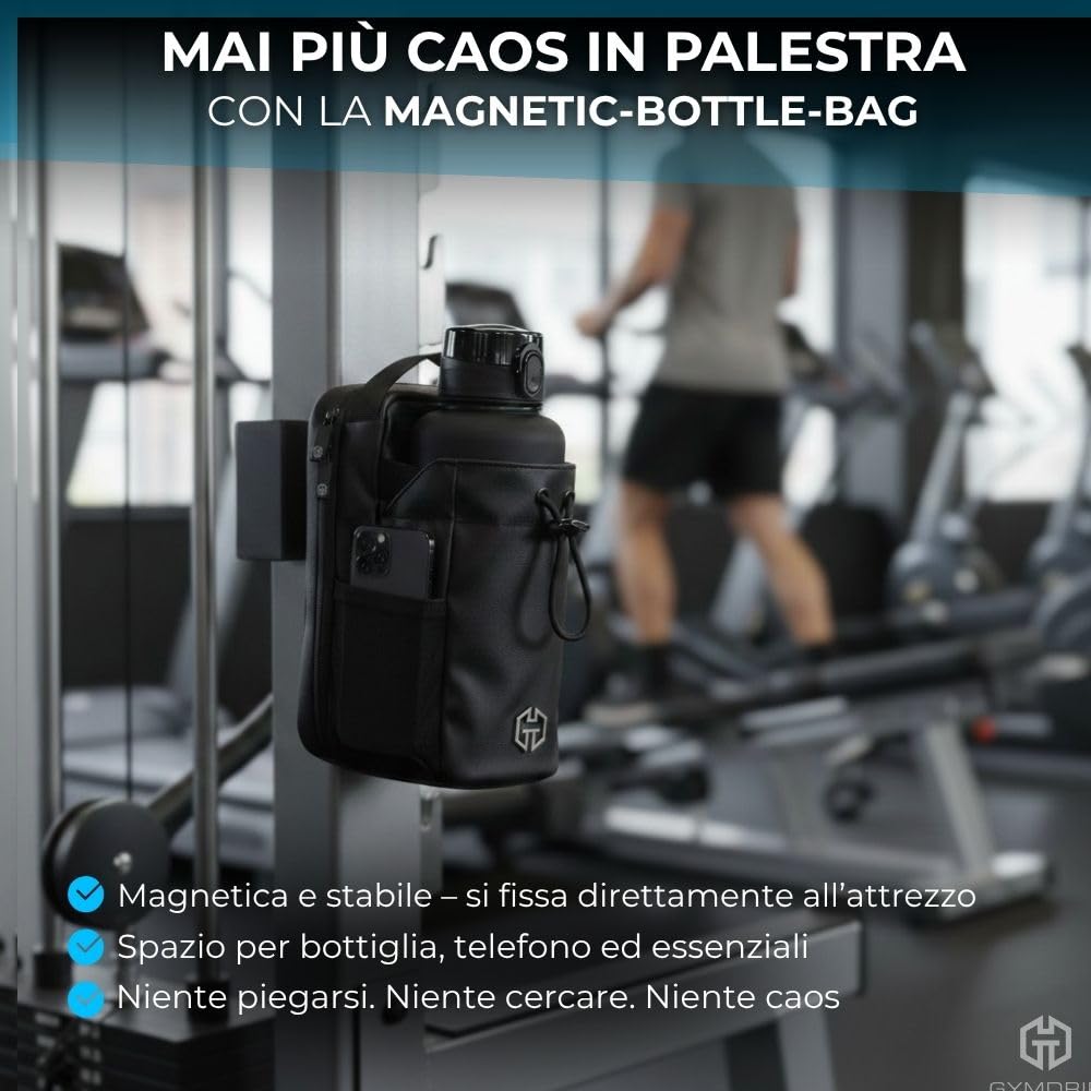 Borsa sportiva magnetica con portabottiglie da 1,5 l, portaborraccia, cellulare e accessori per allenamento, sport e uso quotidiano