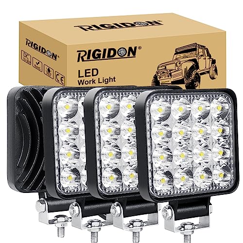 RIGIDON 4-częściowa kwadratowa mini lampa robocza LED, 3,3 cala, 48 W, reflektor, 12 V 24 V, do samochodów terenowych, łodzi, ciężarówek 4x4, SUV-ów, quadów, traktorów, koparek, 6000 K, biała