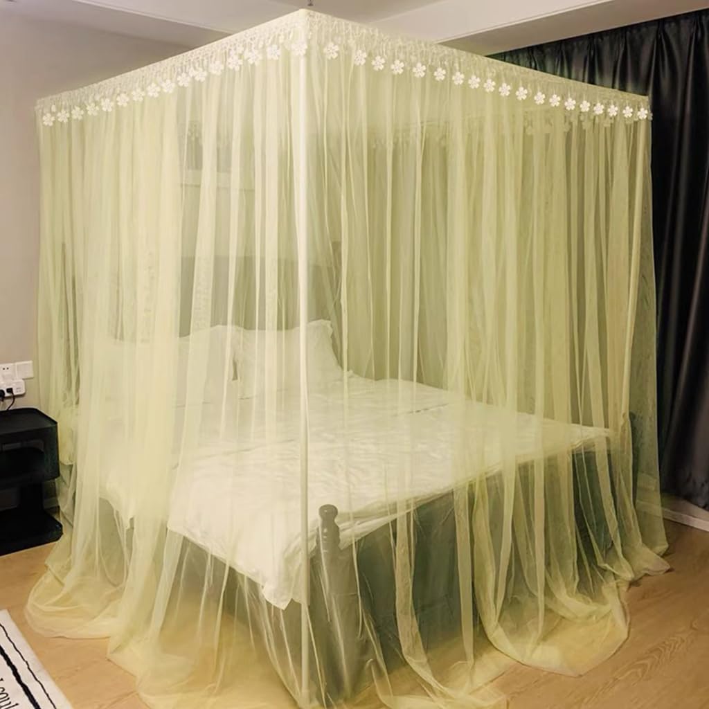 Elegant with Flower-Edge 4 Corner Post Mosquito Net for Adult Teen Girls Boys Bed ; Bed Canopy for Twin/Full/Queen/King Size Bed (Yellow, California King)