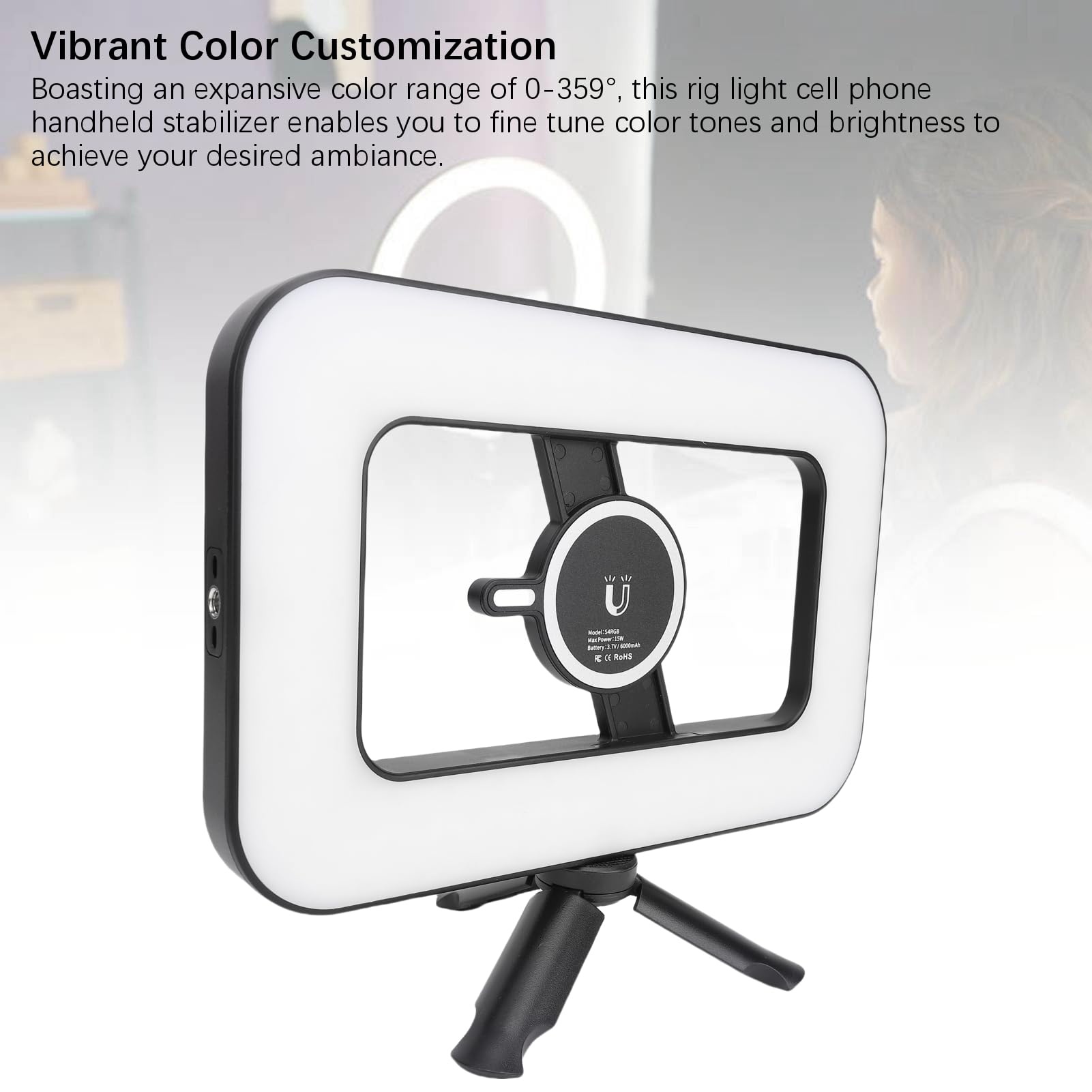 Ejoyous Anillo de Luz LED Portátil para Selfies, Estabilizador de Vídeo Móvil con Luz LED, Temperatura de Color de 2500-6500k para Iluminación de Ambiente de Juegos