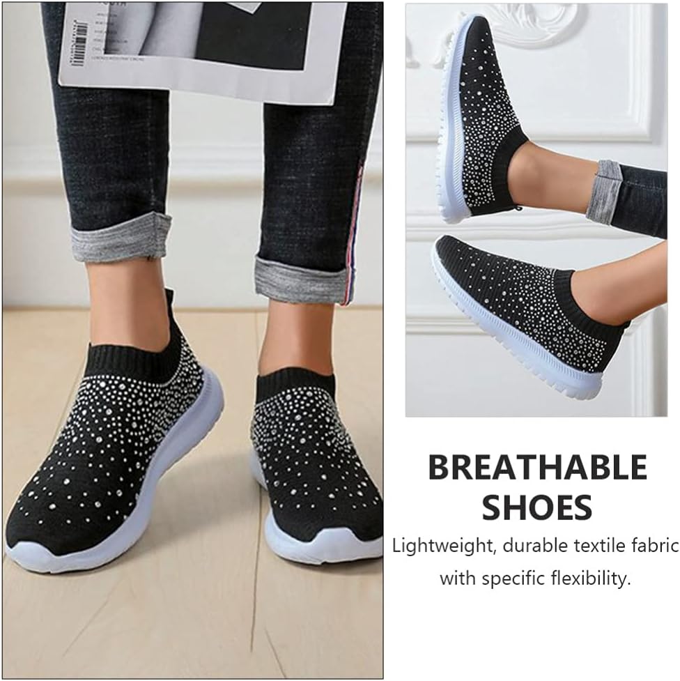 Women's Rhinestone Slip on Sneakers Breathable Mesh Sports Shoes Lightweight Casual Walking Shoes in Black
