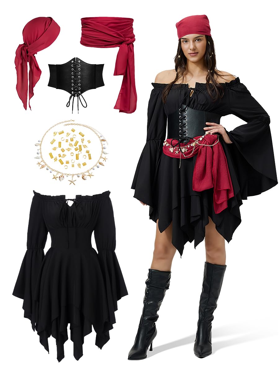 Costume pirate femme, robe à épaules dénudées avec corset, foulard & ceinture, chaîne de taille dorée coquillage + perles dreadlocks, déguisement carnaval adulte & soirée à thème