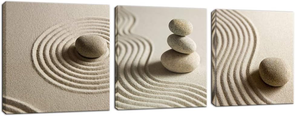 ArtsbayInnopics 3 Large Piece Sand Zen Stone Canvas Giclee Print Peaceful Still Life Picture Painting Relaxing Mood Home Decor Calm Spirit Wall Art 12"W x 12"H x 3 PCS Beige Innopics221118-1