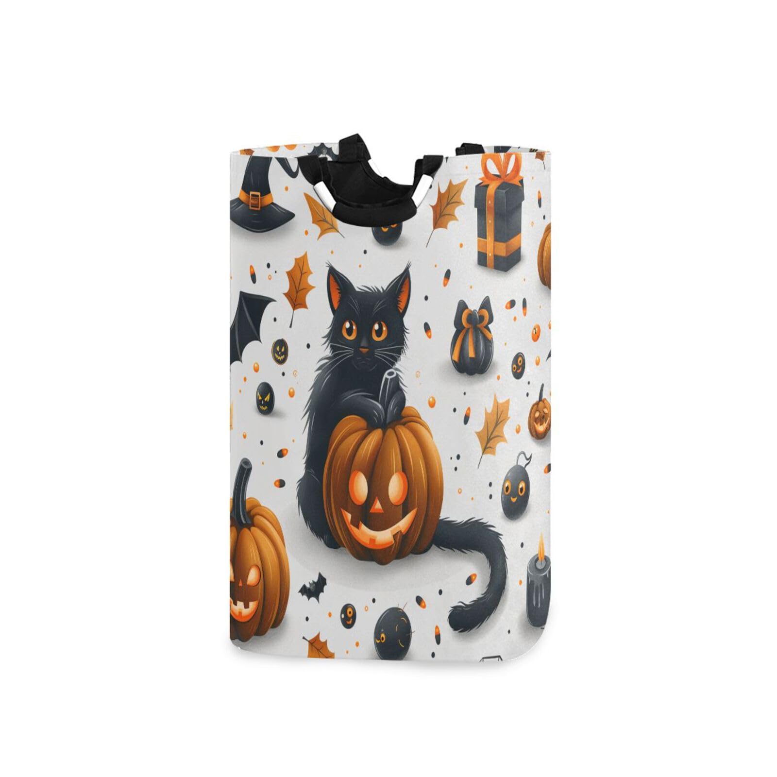 Jihqo Laundry Hamper Basket Halloween Pumpkin and Black Cat Collapsible Nursery Storage Bin Waterproof Clothing Baskets for Home Bedroom Bathroom Washing Room