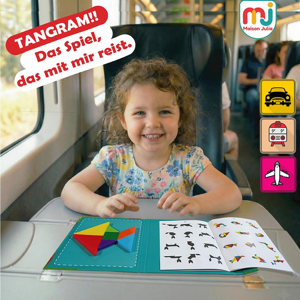 Tangram Kinder Magnetisches - Montessori-Lernspiel ab 3 Jahren - Smartes Reise-Puzzle - Ruhige Beschäftigung Zug, Flugzeug und Auto - Denkspiel - Geschenk zu Weihnachten & Geburtstag