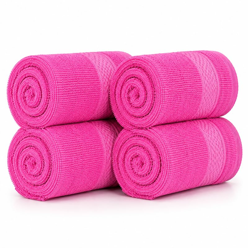Image of TowelWala Hand Towel 550 GSM Soft Absorbent Quick Dry (Pink, Pack of 4) | Premium 550 GSM cotton with woven border-quick drying and perfect for bathroom, kitchen, gym, and travel.
