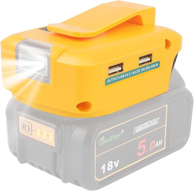 Waitley Battery Adapter for Dewalt USB Adapter Charger, DCB090 Battery Adapter with LED Work Light, DC Port & Dual USB Port, Power Source Charger for 14.4V 18V 20V Lithium-ion Battery