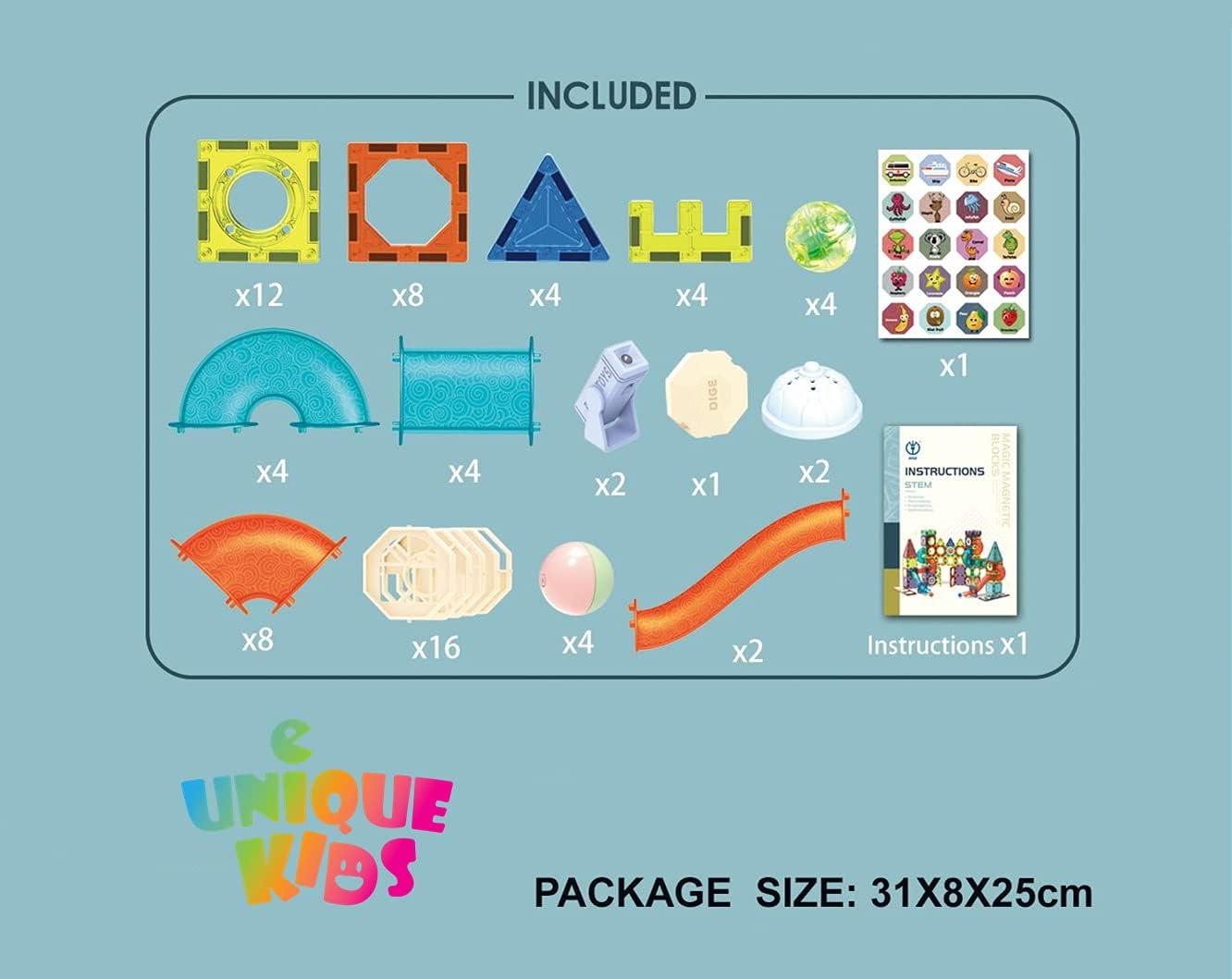 Unique Kids Magnetic Tiles Building Blocks with Marble Run - Engaging STEM/STEAM Toys for Boys and Girls - Perfect Christmas or Birthday Gift (75 pcs)