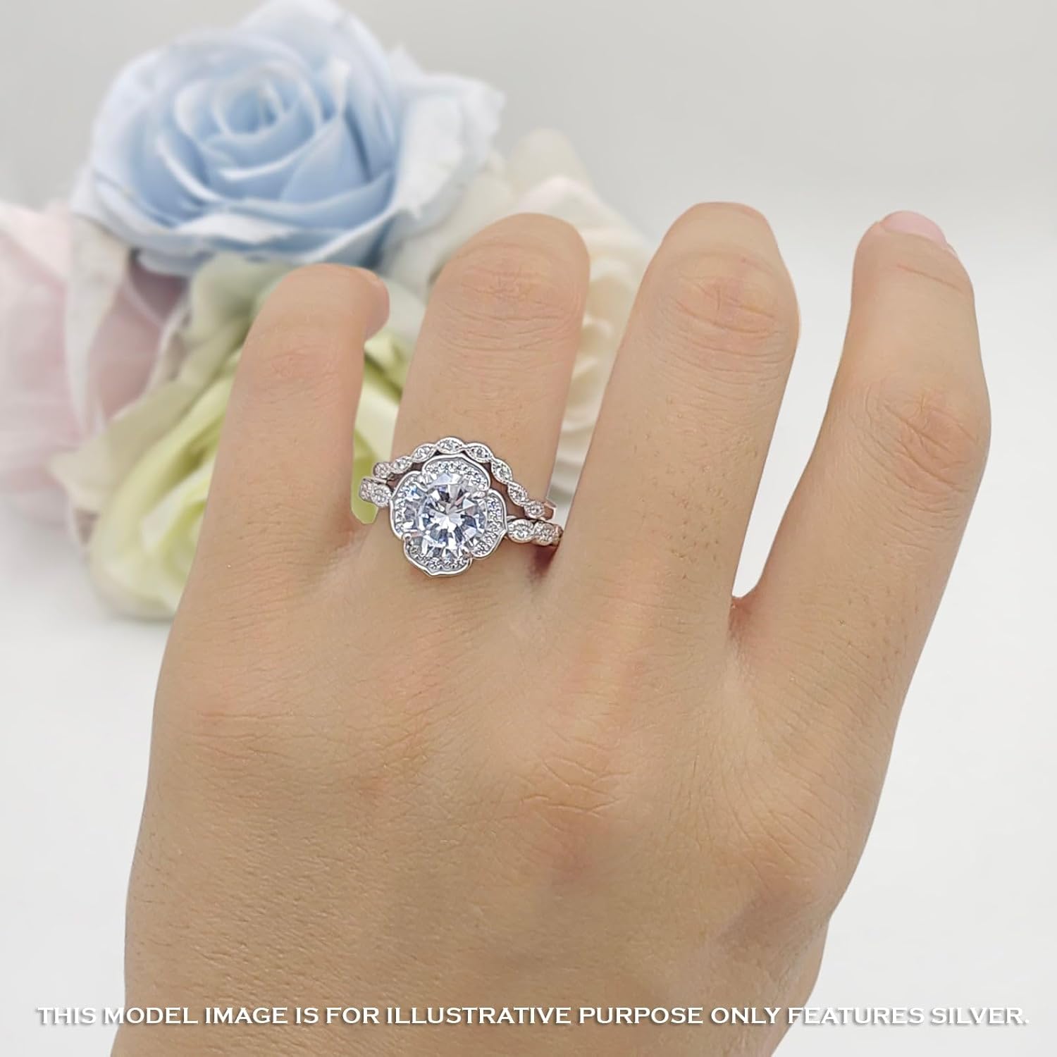 OMRANII Round Floral Antique Bridal Set Vintage Style Art Deco V Shape Half Eternity Wedding Band Engagement Ring Cubic Zirconia 925 Sterling Silver