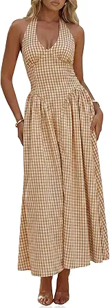 Wenrine Women's Halter V-Neck Corset Maxi Dress with Plaid Pattern, Backless, Summer Casual Evening Wedding Guest Dress