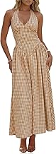 Wenrine Womens Halter V Neck Corset Maxi Dresses Summer Plaid Smocked Tie Back Backless Wedding Guest Drop Waist Dress