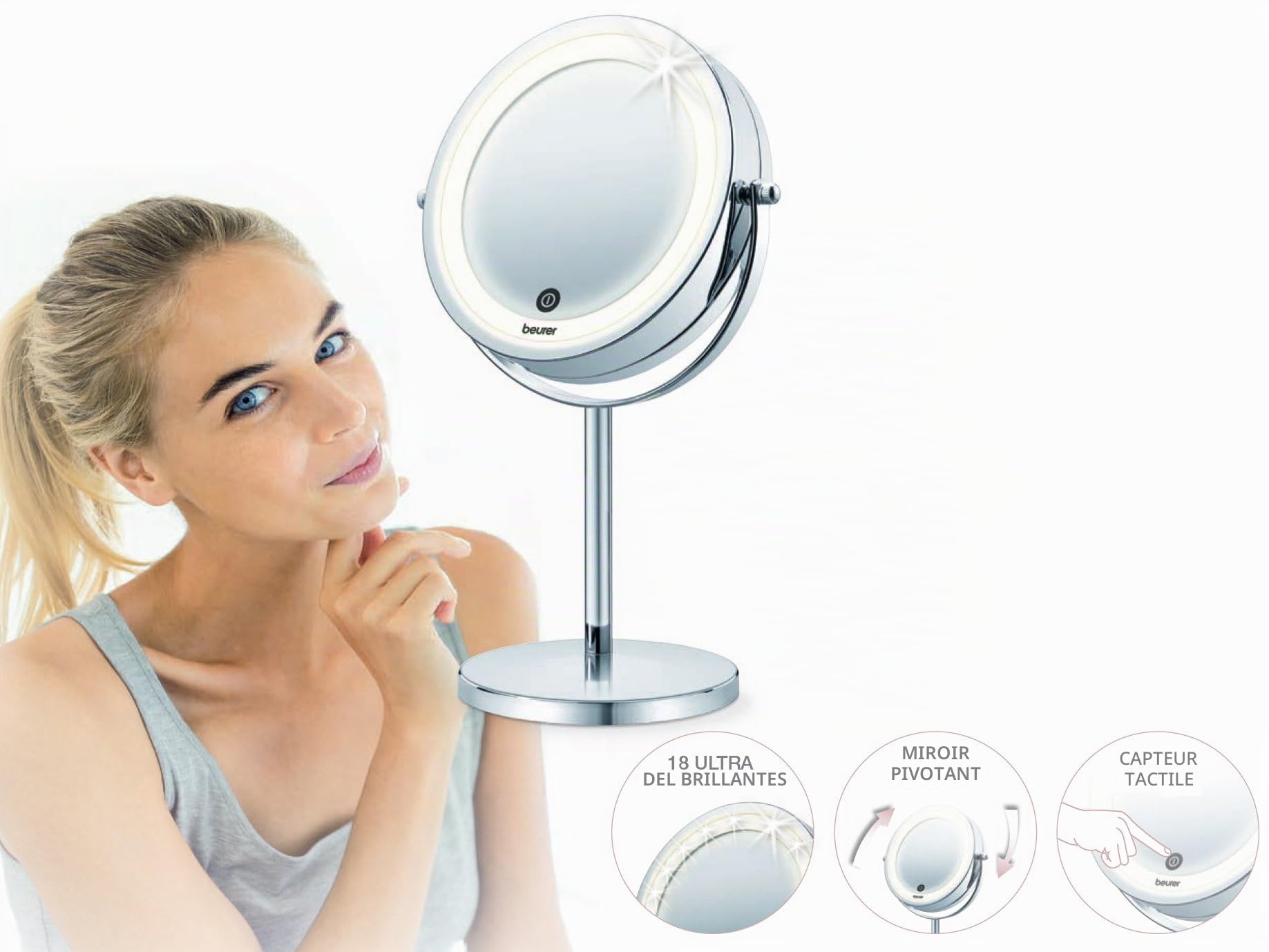 Beurer BS 55 Miroir cosmétique éclairé et chromé de haute qualité, lumière LED claire avec variateur, grossissement normal et 7x