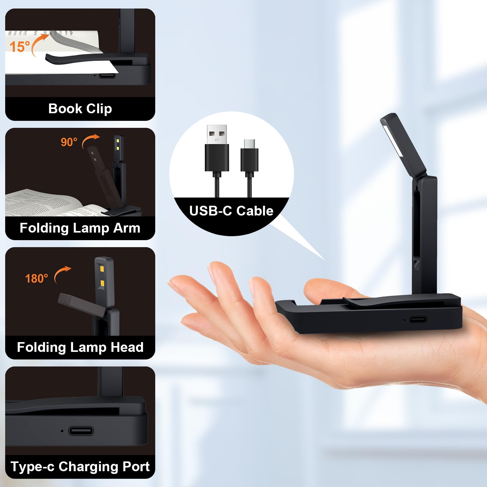 Confezione da 2: luce ricaricabile per lettura a letto, luce da lettura pieghevole con clip, leggera in 3 colori ambrati per la cura degli occhi e oscuramento continuo, lampada LED a durata 80