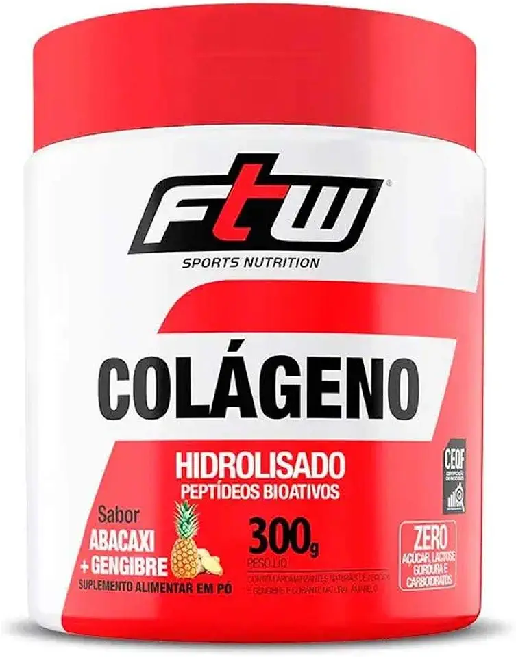 FTW Colágeno Hidrolisado 300g para Saúde da Pele, Unhas, Cabelos e Articulações com Vitaminas C, E e D-Biotina – Suplemento Alimentar em Pó, Livre de Glúten - (Sabor Abacaxi com Gengibre)