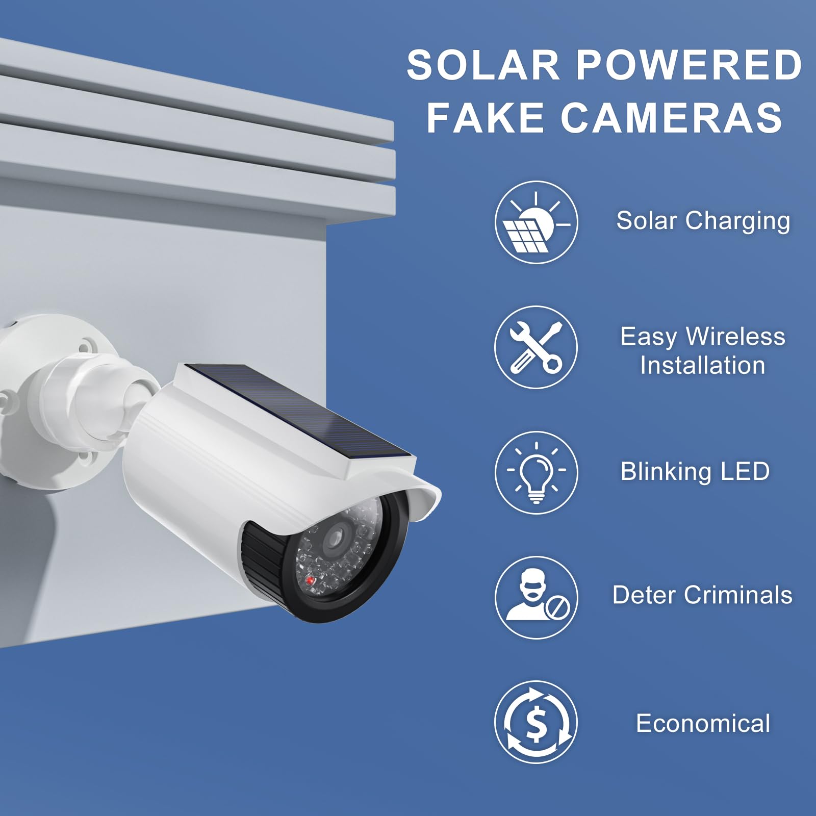 WALI Lot de 2 fausses caméras de sécurité factices à énergie solaire avec lumière LED pour intérieur et extérieur - Simulation de surveillance - Caméras dôme avec autocollant d'avertissement (SOLTC-W2