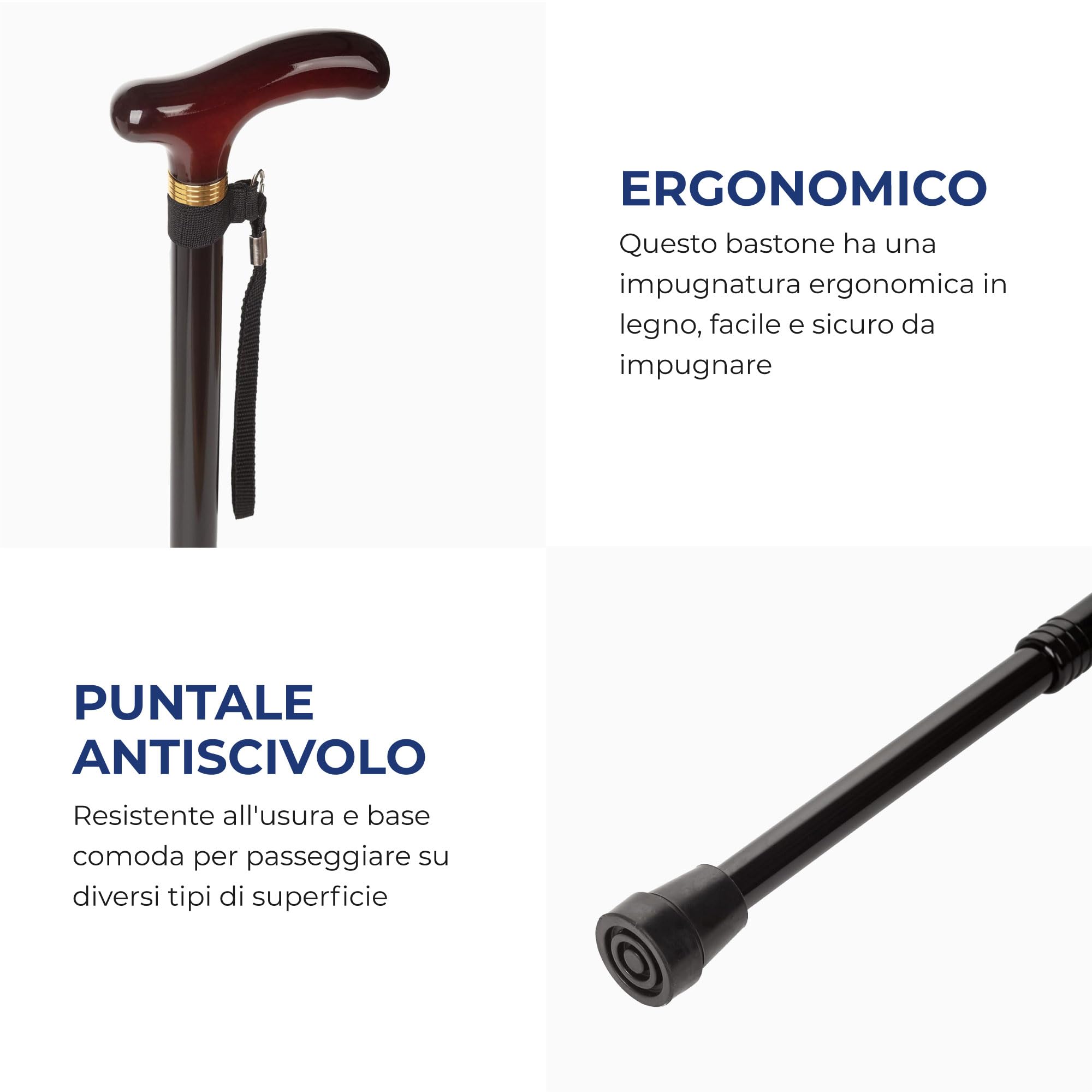 SPES - Bastone da Passeggio (2 colori) – Alluminio Regolabile, Antiscivolo – Uomini, Donne e Anziani – Leggero, Maneggevole e Durevole – Include Laccetto in Nylon