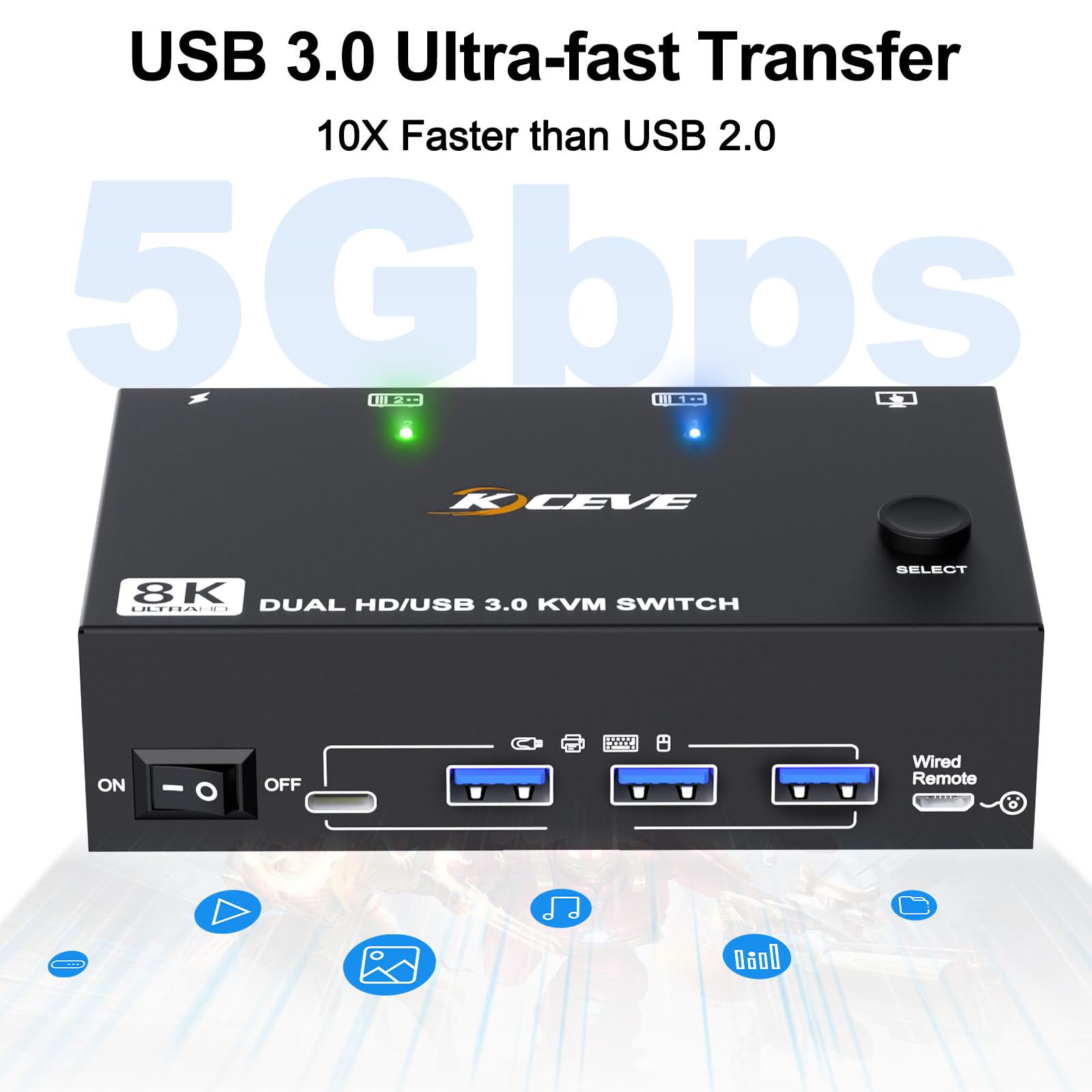 Commutateur KVM 8K@60Hz 4K@120Hz 2 PCs 2 moniteurs, commutateur KVM HDMI double moniteur avec 4 ports USB 3.0, télécommande filaire et câbles USB 3.0 inclus