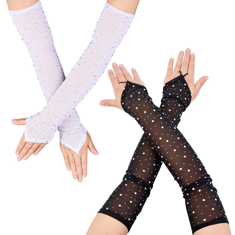 CABODYALS 2 Pairs White Black Rhinestone Elbow Length Stretchy Gloves Long Arm Sleeve Fingerless Elastic Finger Loop Shiny Polyester Glove for Women Summer Bridal Wedding Accessories Wedding Costumes