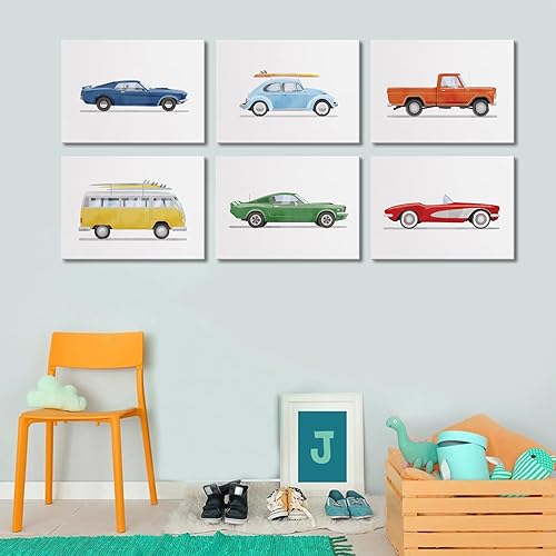 Miniatura 2 de BBQCBA 6 piezas de lienzo para cuarto de bebé, arte de pared retro de transporte en acuarela, imágenes para niños, vehículos, carteles impresos para