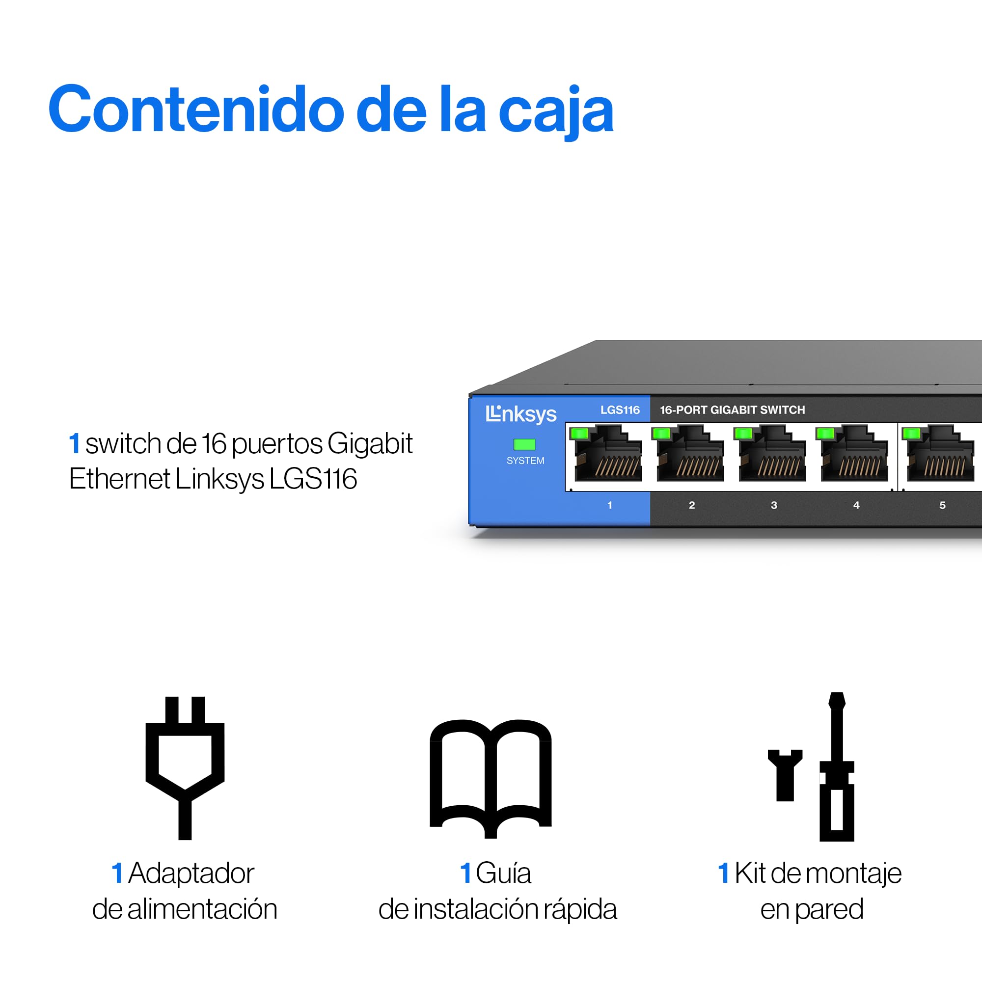 Linksys LGS116-EU switch de red no administrado Gigabit de 16 puertos, concentrador Ethernet para casa y oficina con carcasa metálica, montaje de sobremesa o en pared, divisor Ethernet, plug and play