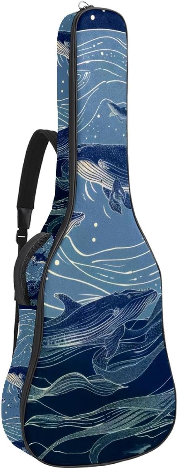 Acoustic Guitar Bag 0.4 Inch Thick Padding Waterproof Guitar Case Gig Bag for 40 41 42 Inch Electric Bass Classical Guitar, Whales and Moon Blue Lines Art Pattern