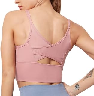 Hopgo Women's Sports Bra Medium Impact Strappy Back Comfy Workout Bra Shirts Padded Yoga Sports Longline Bra