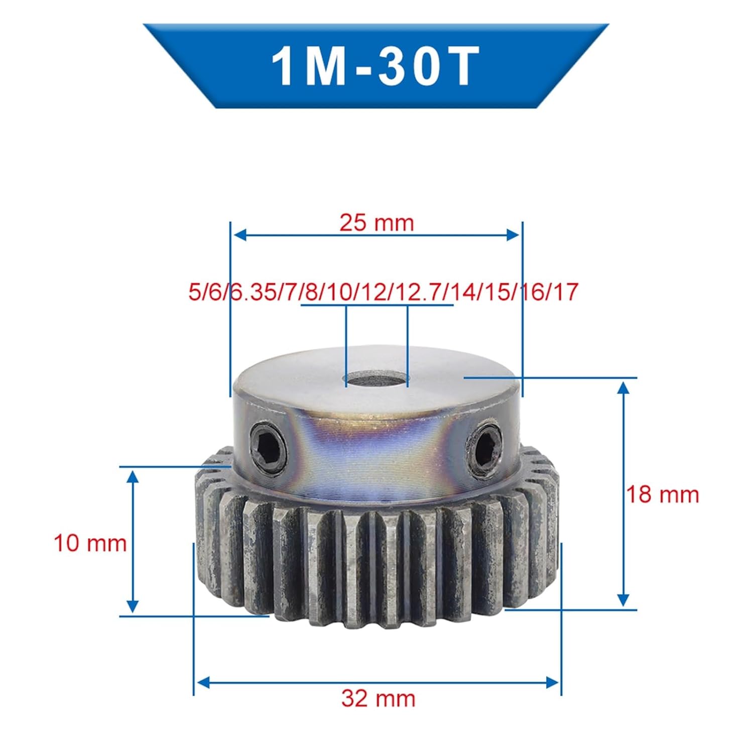 Bevel Gear Pinion Hardware Mechanical 1pcs 1M30T Spur Gear Bore 5/6/6.35/7/8/10 /12/12.7/14/15/16/17mm Motor Gear Low Carbon Steel Gear(1M30T (Bore 7mm))