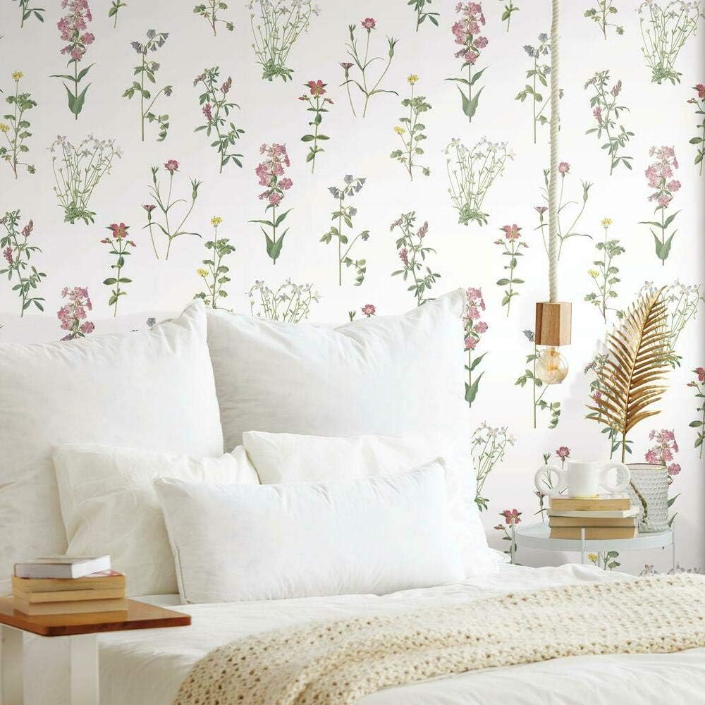 RoomMates RMK11644RL Botanical Print Green and Pink Peel and Stick Wallpaper