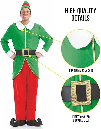 Vista 4 de fun shack Disfraz de elfo para hombre, de Navidad, con personajes de película, disfraz de Navidad, para adultos, disponible en M, L, XL