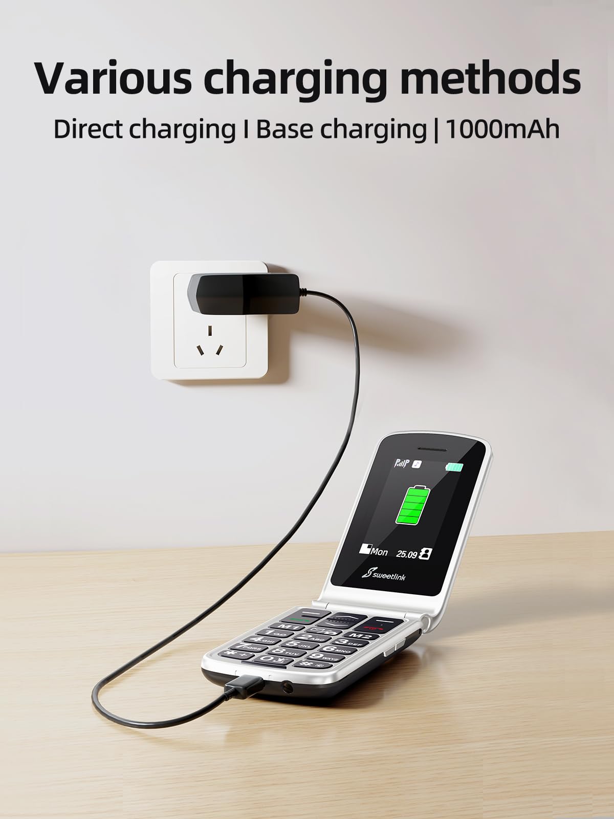 SweetLink Duży Przycisk Telefon Komórkowy dla Seniorów, GSM Flip Telefony Komórkowe Dla Osób Starszych, Głośny Głośność, Funkcja SOS, Wyświetlacz 2,4", Radio FM, Latarka, Kontakty Obrazowe, Czarny