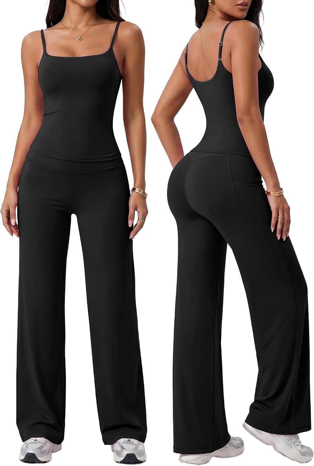 Coume Womens 2 Piece Workout Set Padded Spaghetti Strap Crop Top Straight Wide Leg Pants with Pocket Gym Yoga Pilates Outfits