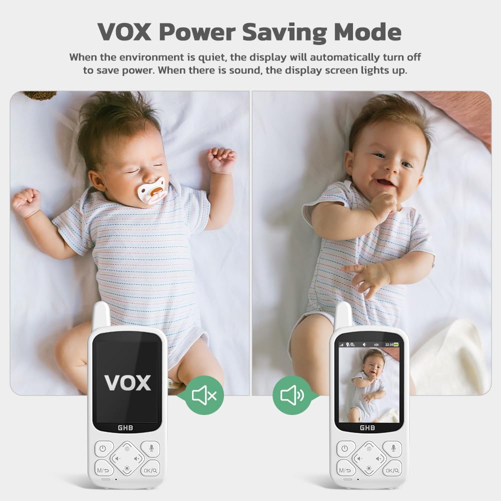Two images of a baby, one with the monitor screen off (VOX mode) and one with the screen on when sound is detected.