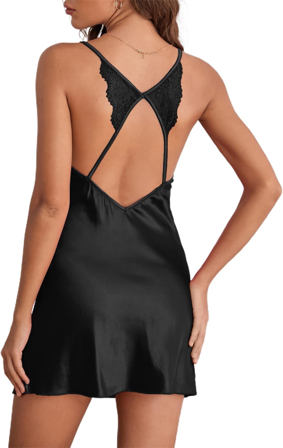 Women's Lace V-Neck Sexy Backless Nightdress Sleepwear Slip Silk Chemise Satin Dress